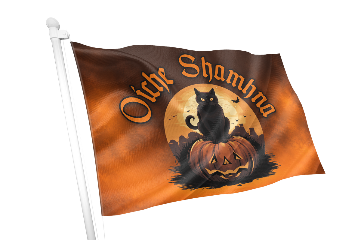 A Halloween-themed flag on a white pole, featuring the words 'Oink Shamna' in orange lettering above a black cat sitting on a carved pumpkin against an orange and brown gradient background.