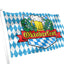 A Bavarian Oktoberfest flag on a white pole, featuring the traditional blue and white checkered pattern with a central emblem of a beer mug, hops, and a red banner reading 'Oktoberfest'.