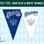 Two triangular Oktoberfest bunting flags shown on a light blue harlequin patterned background. One flag is dark blue with white gothic text reading 'Oktoberfest' and a white ornamental emblem below.