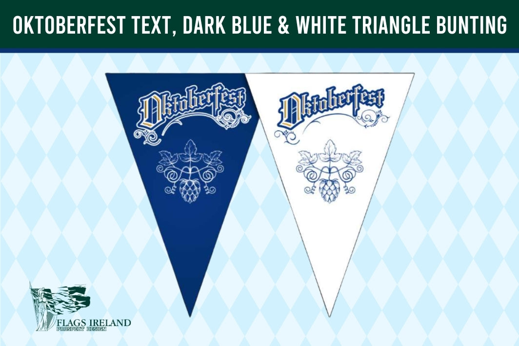 Two triangular Oktoberfest bunting flags shown on a light blue harlequin patterned background. One flag is dark blue with white gothic text reading 'Oktoberfest' and a white ornamental emblem below.