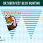 A digital graphic banner for 'Oktoberfest Beer Bunting' featuring a blue and white harlequin pattern with a central illustration of a hand holding a beer mug under the word 'Oktoberfest'.