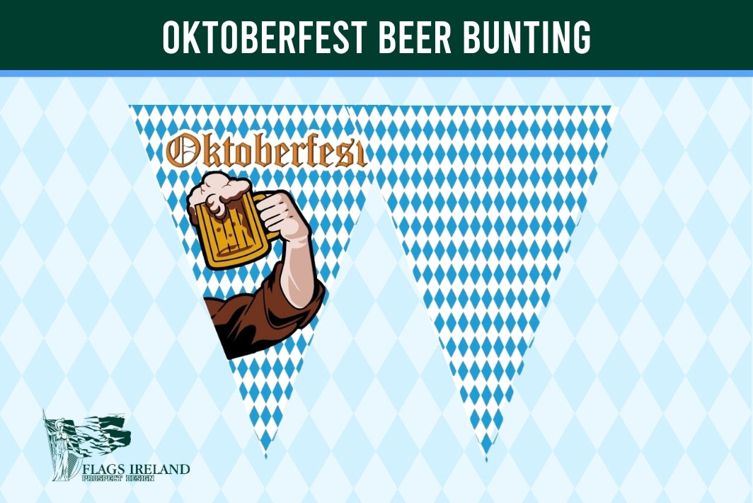 A digital graphic banner for 'Oktoberfest Beer Bunting' featuring a blue and white harlequin pattern with a central illustration of a hand holding a beer mug under the word 'Oktoberfest'.