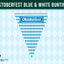 A triangular bunting flag with a blue and white diamond pattern and the word 'Oktoberfest' across the top, shown on a light blue harlequin patterned background with a dark green header reading 'OKTOBERFEST BLUE & WHITE BUNTING'.