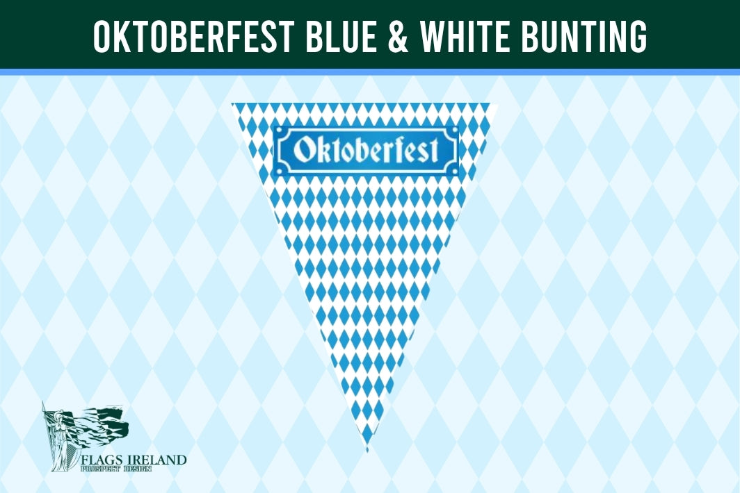 A triangular bunting flag with a blue and white diamond pattern and the word 'Oktoberfest' across the top, shown on a light blue harlequin patterned background with a dark green header reading 'OKTOBERFEST BLUE & WHITE BUNTING'.