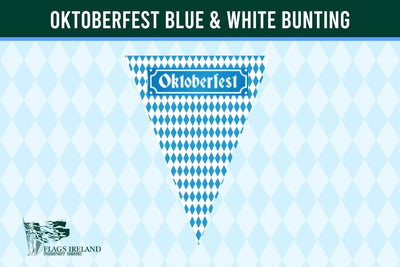 A triangular bunting flag with a blue and white diamond pattern and the word 'Oktoberfest' across the top, shown on a light blue harlequin patterned background with a dark green header reading 'OKTOBERFEST BLUE & WHITE BUNTING'.