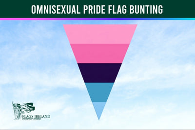 Omnisexual pride flag bunting with a blue sky background and Flags Ireland logo.