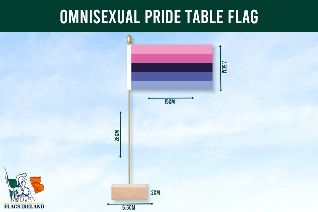 Omnisexual pride table flag with dimensions on a blue background