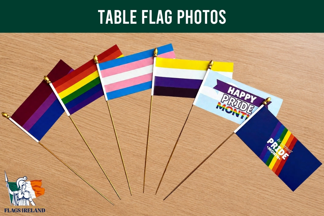 Collection of Pride-themed table flags on a wooden surface with 'Flags Ireland' branding.