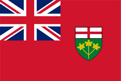 Flag with Union Jack and Ontario coat of arms on a red background