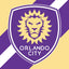 Orlando City logo on a purple and gold striped background