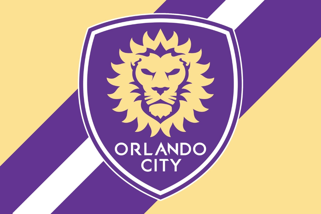 Orlando City logo on a purple and gold striped background