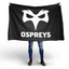Person holding a black flag with 'Ospreys' logo on a white background
