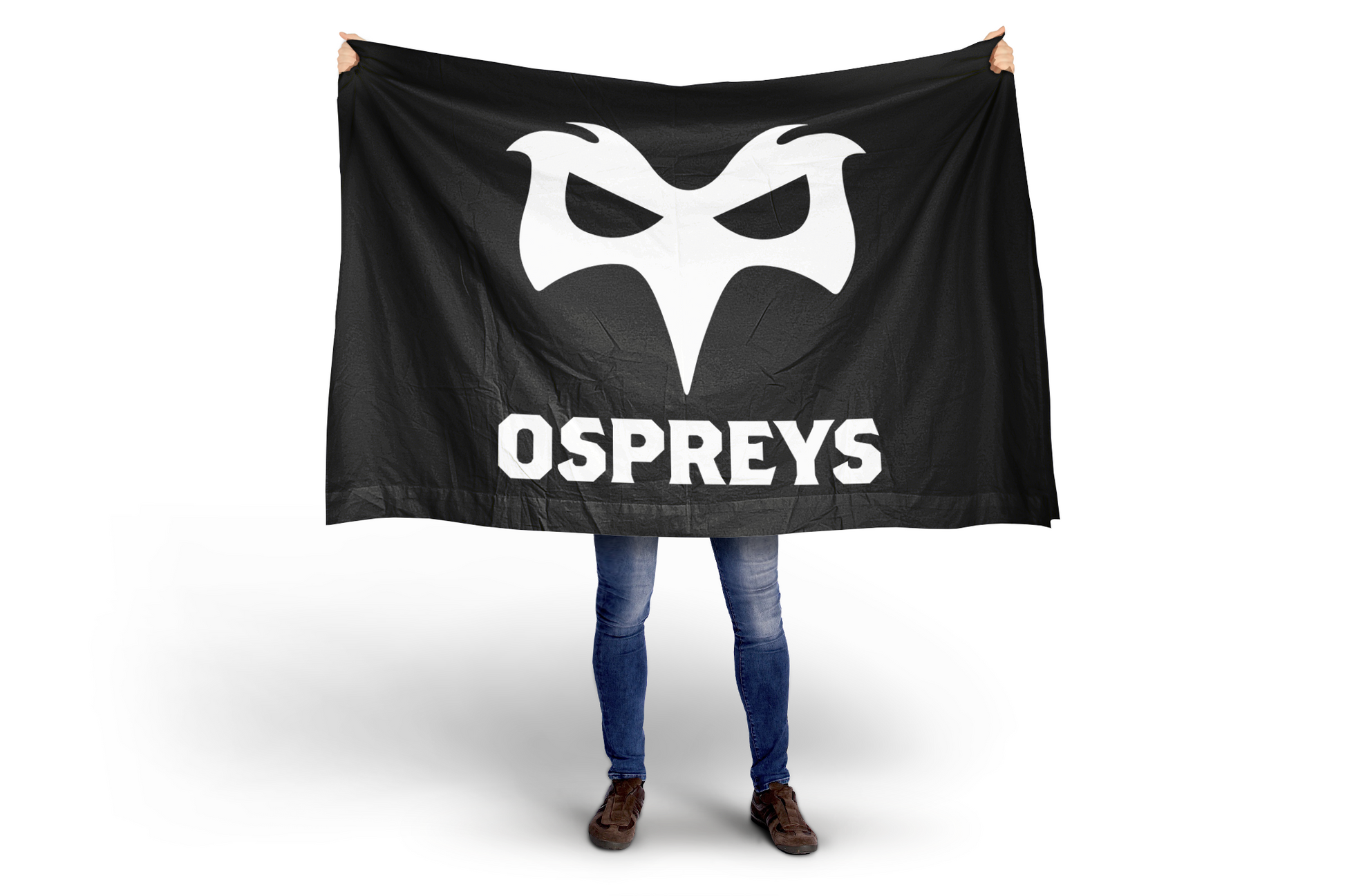 Person holding a black flag with 'Ospreys' logo on a white background