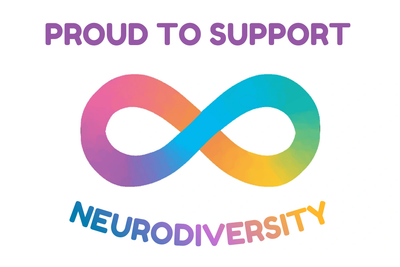 Colorful infinity symbol on a white background. Neurodiversity Flag. Proud to support neurodiversity.