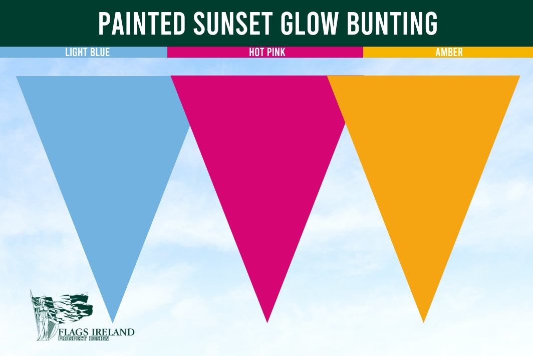 Our Painted Sunset Glow Bunting is a bright and cheerful colour combination bunting, featuring Light Blue, Hot Pink &amp; Amber triangle pennants.