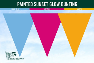 Our Painted Sunset Glow Bunting is a bright and cheerful colour combination bunting, featuring Light Blue, Hot Pink &amp; Amber triangle pennants.