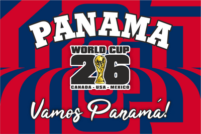 Panama World Cup 2026 promotional banner with red and blue stripes.