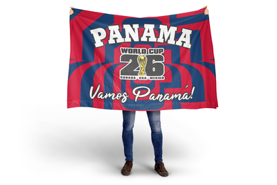 Person holding a Panama World Cup 2026 themed flag with red and blue stripes.