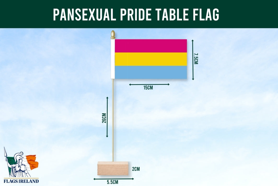 Pansexual pride table flag with measurements and Flags Ireland logo.