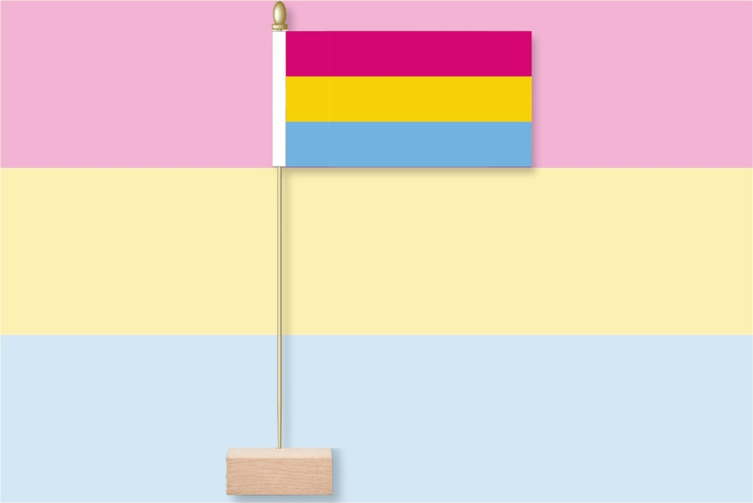 Pansexual flag on a pink, yellow, and blue striped background
