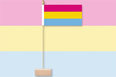 Pansexual flag on a pink, yellow, and blue striped background