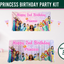 Princess birthday kit made of knitted polyester material, all the princess included, pink and purple on a party background. banner, tablecloth and bunting all princess personalised.