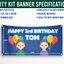 Party kit banner with 'Happy 3rd Birthday Tom' text and children holding balloons on a blue background.