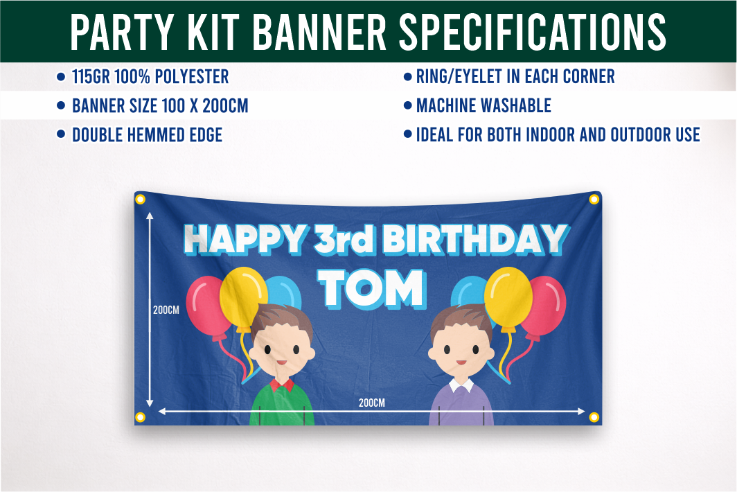 Party kit banner with 'Happy 3rd Birthday Tom' text and children holding balloons on a blue background.
