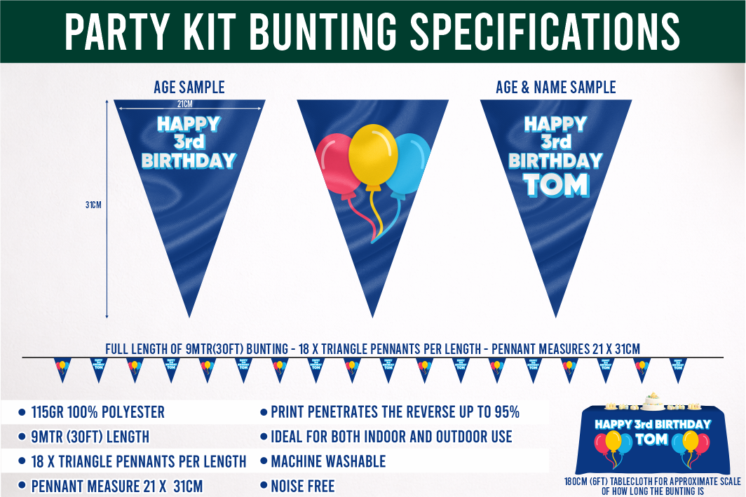 Part kit bunting specifications showing the the length and size of the bunting.