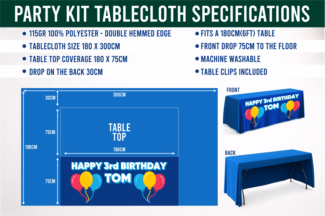 Party kit tablecloth specifications design for a birthday party.