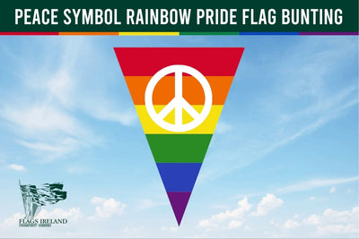 Peace Symbol Rainbow Pride Traingle Bunting against a blue sky background, pennant
