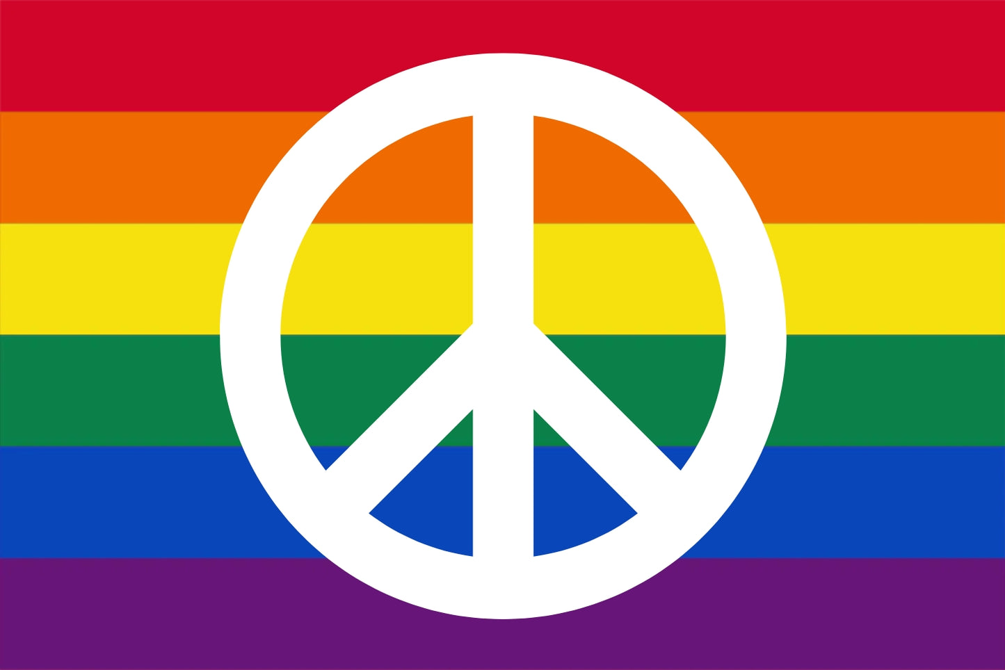 A flag with a peace symbol in the center over a background with horizontal rainbow stripes.