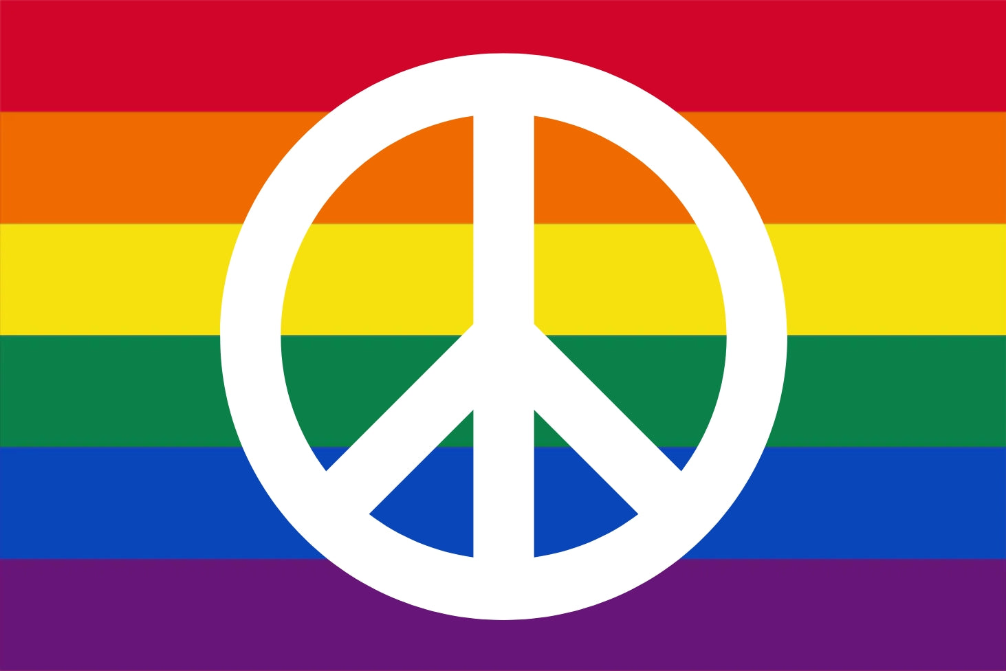A flag with a peace symbol in the center over a background with horizontal rainbow stripes.