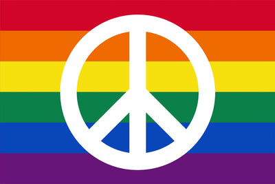 A flag with a peace symbol in the center over a background with horizontal rainbow stripes.