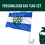 Personalised car flag set with a blue and white flag and a green car silhouette on a white background.