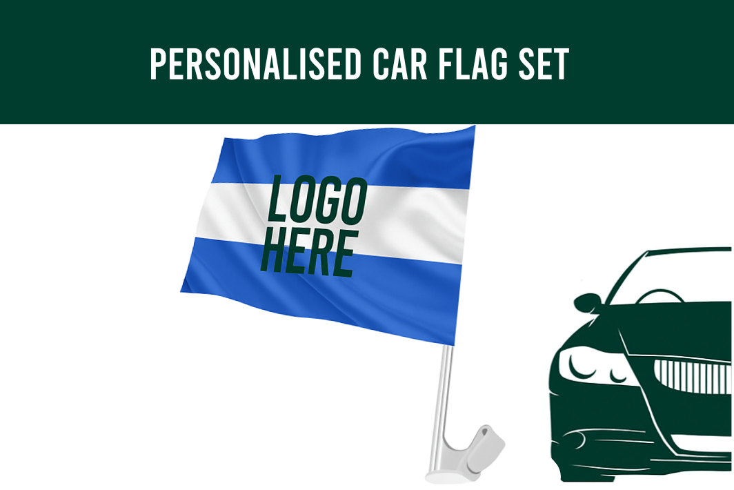 Personalised car flag set with a blue and white flag and a green car silhouette on a white background.