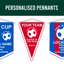 Three examples of personalised pennants displaying logos and text, with two shapes (rectangular with a pointed bottom and traditional triangular) and various string and fringe colors.