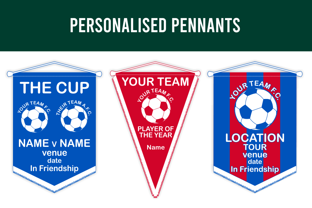 Three examples of personalised pennants displaying logos and text, with two shapes (rectangular with a pointed bottom and traditional triangular) and various string and fringe colors.