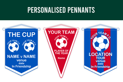 Three examples of personalised pennants displaying logos and text, with two shapes (rectangular with a pointed bottom and traditional triangular) and various string and fringe colors.