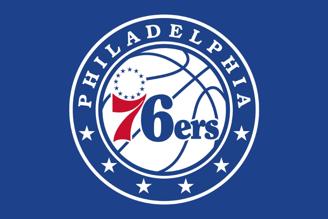 Philadelphia 76ers logo on a blue background