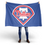 Person holding a blue Phillies flag with a white background