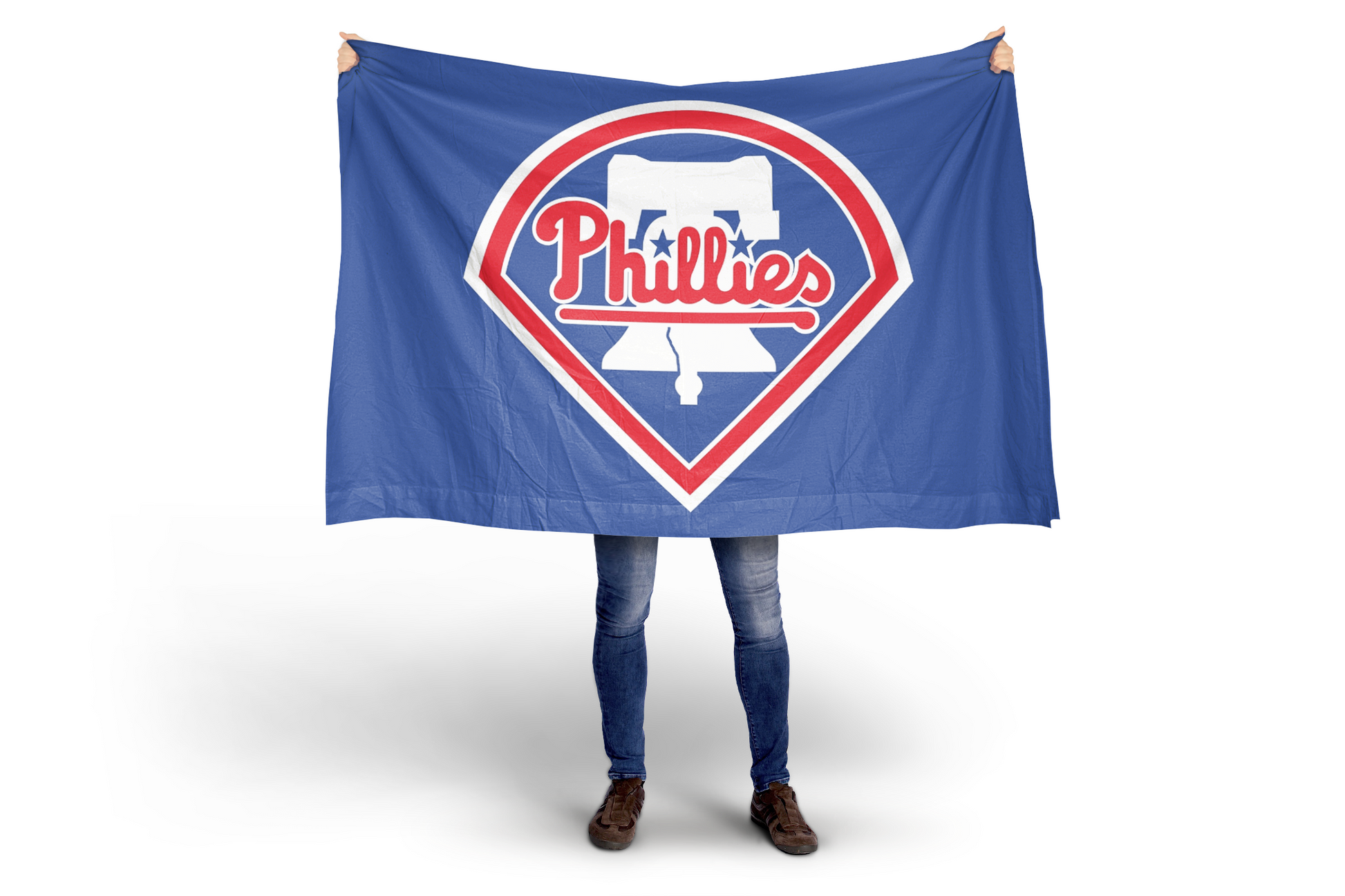 Person holding a blue Phillies flag with a white background