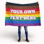 Person holding a Philadelphia rainbow flag with customizable text on a white background