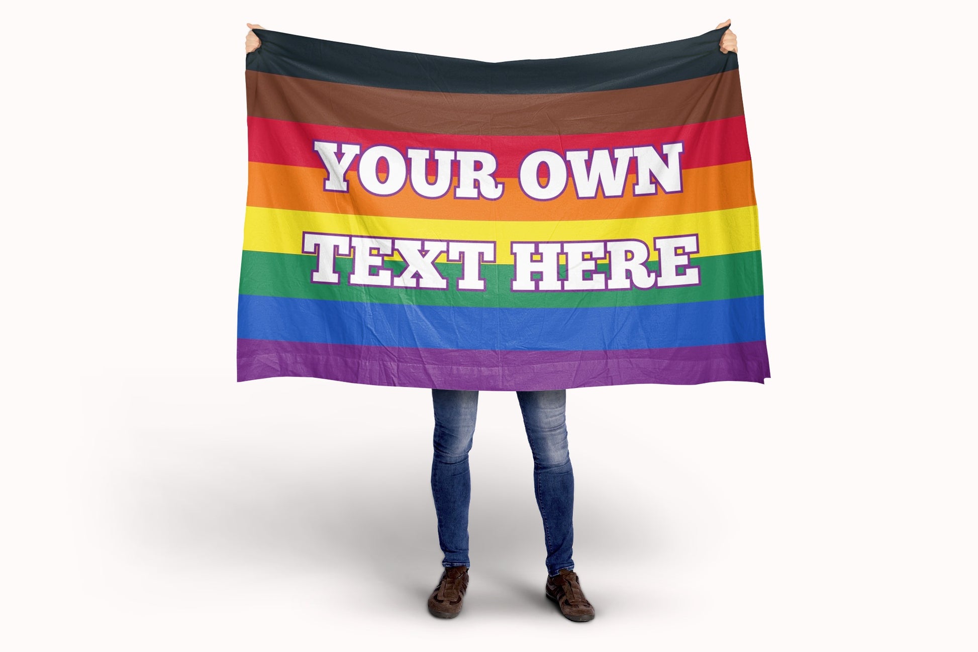 Person holding a Philadelphia rainbow flag with customizable text on a white background