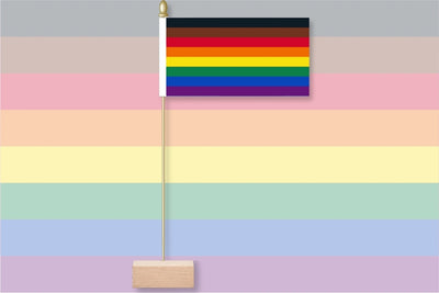 Philadelphia Pride flag on a wooden stand against a pastel striped background