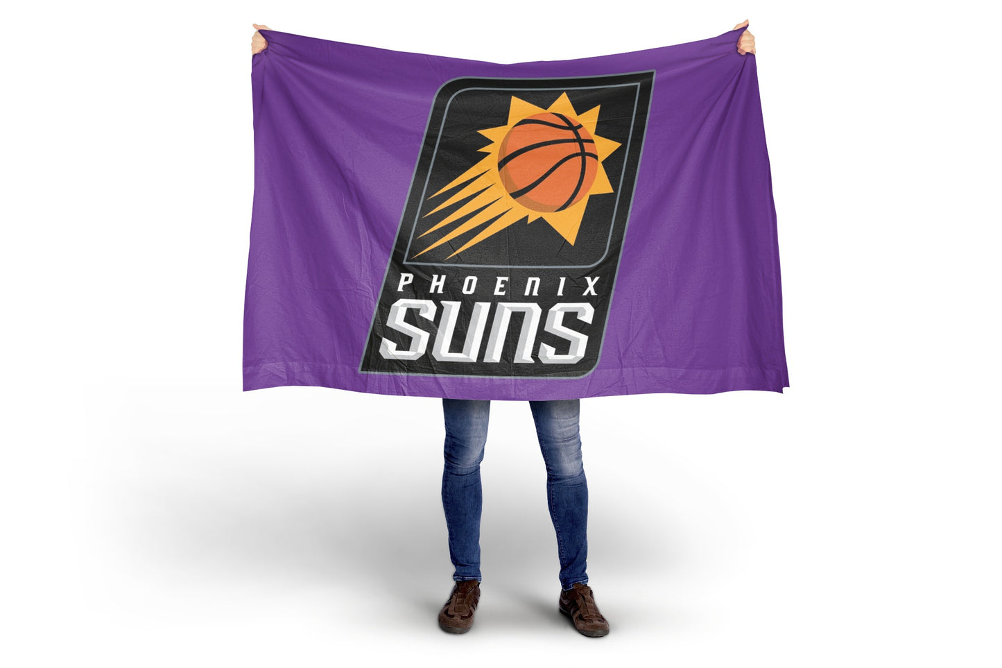 Person holding a Phoenix Suns flag with a white background