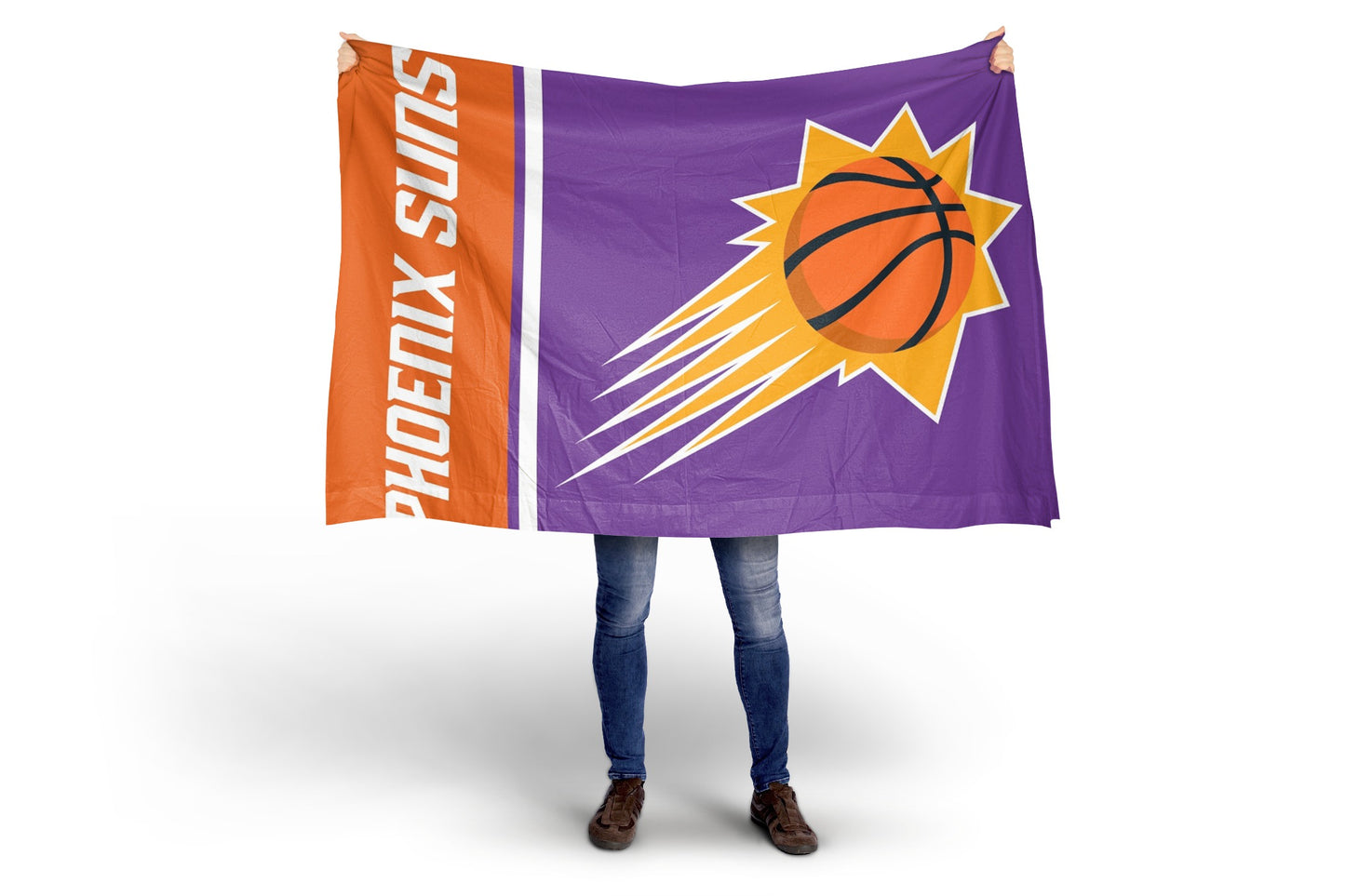 Person holding a Phoenix Suns flag with the team's logo on a white background
