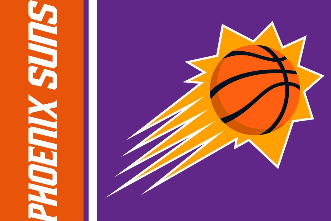 Phoenix Suns logo with basketball and flames on a purple background