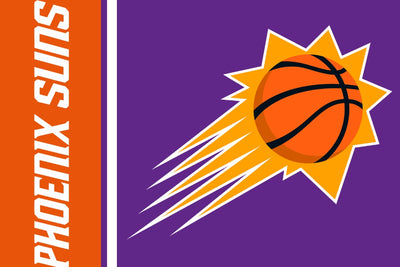 Phoenix Suns logo with basketball and flames on a purple background