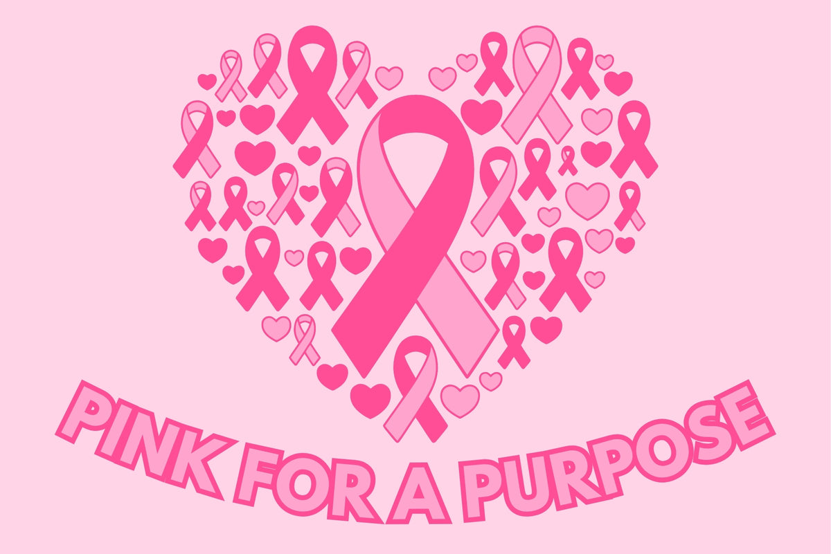 Pink awareness ribbon graphic forming a heart shape with the words 'PINK FOR A PURPOSE' below it, on a solid pink background. Breast Cancer Flag Banner.